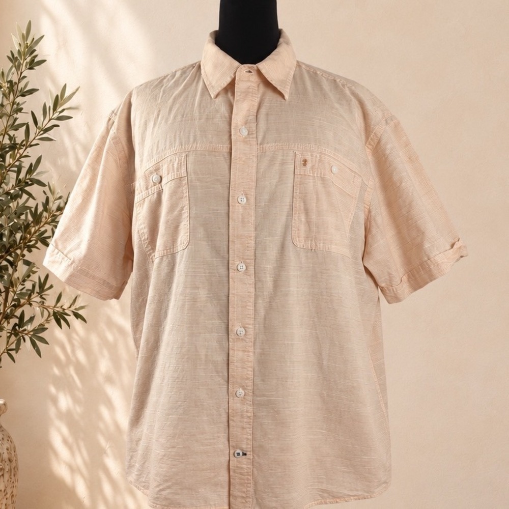 Izod Mens XL Short Sleeve Button Down Shirt Peach White Stripe 100% Cotton